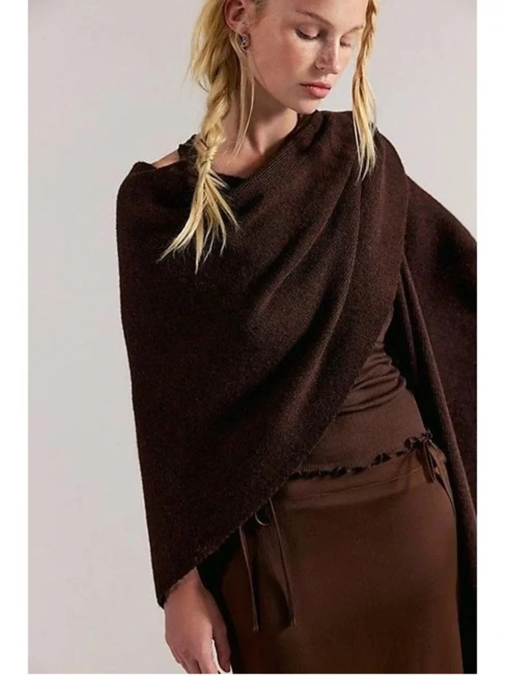 Free People Dark Brown Fringe Wrap Cape